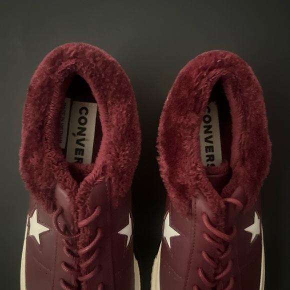 Mens Size 8 CONVERSE Burgundy Leather Sneakers FUR TRIM Star Detail - Picture 5 of 12